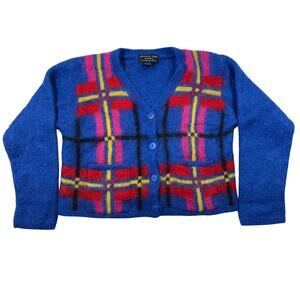 Vintage August Silk Catherine Lover Cardigan Womens Large Blue Plaid Mohair Crop